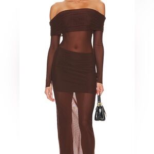 Lovers + Friends Chocolate Brown Off-Shoulder Midi Dress